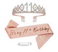 11th Birthday Sash Tiara and Crowns for Girls, Birthday Queen Rose Gold Tiara,Princess Tiara Rhinestone Headbands with Combs Bridal Wedding Tiaras for Wedding Prom Bridal Party Christmas