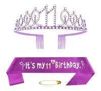 11th Birthday Sash Tiara and Crowns for Girls, Birthday Queen Tiara, Purple Princess Tiara Rhinestone Headbands with Combs 11. Birthday Tiaras for Girls Birthday Party Ball Decoration