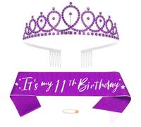 11th Birthday Tiara Sash for Girls Birthday Princess Crown Crystal Queen Tiara Birthday Headbands Happy Birthday Decorations Sash and Tiara Kit Girls Birthday Clothing Accessories Party Supplies