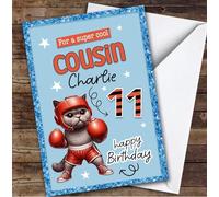 11th Cousin Blue Boxing Cat Custom Personalised Birthday Card - Personalised Birthday Greeting Card for Kids, Custom Birthday Card