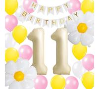 11th Daisy Flower Birthday Decoration, Yellow White 11 Years Old Party Supplies with Happy Birthday Banner, Large Number 11 Daisy Flower Foil Balloons Supplies for 11th Girls Daughter Her(11th)