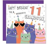 11th Grandson Birthday Card - Childrens Cute Cat Grandsons Birthday Card for 11 Year old Kids eleven, eleventh