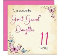 11th Great Granddaughter Birthday Card - Beautiful Butterfly Floral Birthday Card for 11 Year old Kids eleven, eleventh