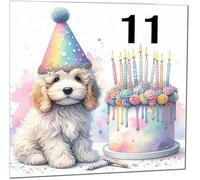 11th Kids Birthday Card - Cute dog watercolour rainbow Birthday Card for 11 Year old Kids eleven, eleventh