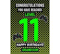11th Level Gamer Birthday Card (Grandson) - From Grandad Grandma Greeting Gift Keepsake Blank Inside Hobby Theme Premium Quality Envelope Included UK Seller