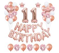 11th Rose Gold Birthday Party Decorations Pack 48PCS Banner Happy Birthday Decorations for Girls Women Party Supplies Happy Birthday Star Heart Rose Gold Foil Balloons Latex Balloons