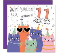 11th Sister Birthday Cards - Childrens Cute Cat Sisters Birthday Card for 11 Year old Kids eleven, eleventh