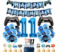 11th Video Game Birthday Decorations - 34 Pcs Blue Happy Birthday Banner Number 11 Balloon Controller Balloons Cool Latex Balloons Cake Topper for Boys Gamer Fans 11 Year Old Party Decoration Supplies