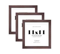 11x11" Walnut Square Frame With Mount for 10x10" Pictures 28mm Edge Frame Display with Wall Hooks and Kickstand, 3 Pack