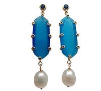 11x14mm Cultured White Rice Pearl 15x32mm Blue Cat Eye Pave Stud Drop Earrings Fashion Party Jewelry ICXLPMC