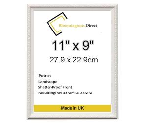 11x9 Inch Shabby Orante Photo Frame For 11" x 9" Picture Size Wall Mountable MDF Backing Board with Perspex Sheet 27.9 x 22.9cm (White)