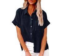 (12, 003* Navy) Cotton Linen Shirts for Women Trendy Button Down Shirts Rolled Cuffed Short Sleeve Summer Tops Cute Collared Casual Work Blouses Elegant Dressy Tunic