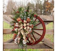 12 16" Snowflake Berry Buffalo Plaid Bow Rustic Wooden Roulette Wheel Wreath Holiday for Front Door Porch Home Window Wall Farmhouse Indoor Outdoor, Red Green(16"(40cm))