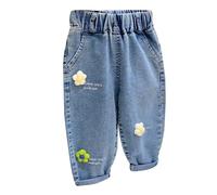 12-18 Months Baby Toddler Girls Denim Pants Joggers Elastic Waist Cute Animal Strawberry Rabbit Embroidery Print Jeans Casual Denim Pants Soft Relax Fit Ankle Length Trousers 003_White