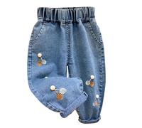 12-18 Months Baby Toddler Girls Denim Pants Joggers Elastic Waist Cute Animal Strawberry Rabbit Embroidery Print Jeans Casual Denim Pants Soft Relax Fit Ankle Length Trousers 003_Red
