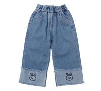 12-18 Months Baby Toddler Girls Denim Pants Joggers Elastic Waist Cute Animal Strawberry Rabbit Embroidery Print Jeans Casual Denim Pants Soft Relax Fit Ankle Length Trousers 005_Blue
