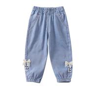 12-18 Months Baby Toddler Girls Denim Pants Joggers Elastic Waist Cute Animal Strawberry Rabbit Embroidery Print Jeans Casual Denim Pants Soft Relax Fit Ankle Length Trousers 004_White