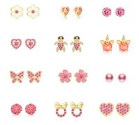 12/18 Pairs Hypoallergenic Stainless Steel Stud Earrings for Girls Women Cute Pearl Ball CZ Heart Butterfly Flower Love Knot Stud Earrings Set for Teen Girls, Zinc, No Gemstone