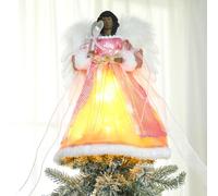 12.2'' Black Angel Christmas Tree Topper with Lights Standing African American Christmas Decorations Black Angel Figurines Treetop for Xmas Home Decor Winter Holiday(Pink,Novel Style)