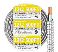 12/2 MC Cable with Ground 500 Ft, 12 Gauge 2 Conductors Electrical Wire with Aluminum Armor, Solid Pure Copper Cable for Indoor and Outdoor Underground Installation, UL Listed