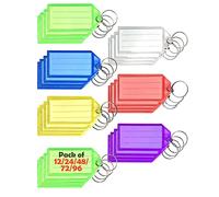 12/24/48/96 Pack Key Tags with Labels, Key Rings with Tags, Plastic Key Labels, 6 Colours - Ideal for Luggage, ID, Name, Label - for Home, Office, and School (12)