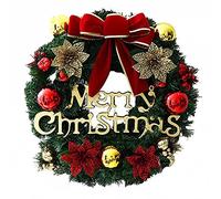 12-24 Inch Christmas Wreath, Big Red Bow, Poinsettia, Golden Christmas Ball, Artificial Pine Needle Garland Ornament, for Indoor Outdoor Home Wall Xmas Party Decor(20 inch)