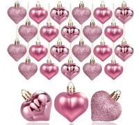 12/24PCS Heart Baubles Ornaments Glitter Heart Hanging Ornaments Christmas Tree Ball Pendants for Valentines Day Christmas Decoration (Pink, 24PCS)