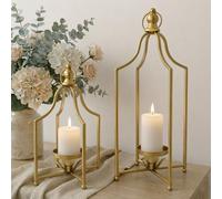 12.5" & 16.5" Timeless Cozy Decorative Lanterns Set of 2, Handcrafted Metal Iron Candle Holders, Farmhouse Elegance Fireplace Mantel Table Festive Gatherings Decor (Antique Gold)