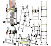 12.5FT Extendable Aluminium Professional Use Telescoping Ladder Telescopic Folding Ladder Extension 1.9m+1.9m A-Frame 3.8m Ladder with Stabilizer Bar for Building Maintenance Window Cleaning