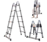 12.5FT New Stainless Steel Telescoping Extension Ladder 330lb Capacity Heavy Duty A-Frame Foldable 2-IN-1 Ladder with Support Bar Not Easy to Bend EN131 Certificated for Home Office Shed Warehouse