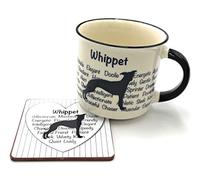 12.5x9.5cm Schnauzer Matching Ceramic Mug and 9.5x9.5cm Coaster - White and Black Mug and Coaster with Silhouette of Dog and Characteristics in Background.