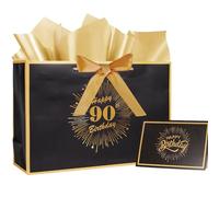 12.6'' 90th Birthday Gift Bag with Gift Card Ribbon Tissue Paper for Men Women's Birthday (Black 90th)