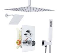 12" & 6" Dual Rainfall Shower Mixer Set with LED Temperature Display - Ceiling Mounted Rain Shower Head & Wall Mounted Small Size Shower Head, 3-Way Diverter Valve, Chrome