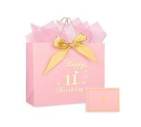 12.6" Large Pink Happy 11th Birthday Gift Bag with Tissue Paper and Card, 11 Year Old Girl Birthday Gift Bag