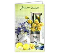 12-688 Card Happy Easter Bouquets Flowers Spring Daffodil Narcissus Muscaris Eggs Painted Heart Comes with Envelope Format 12 x 19.5 cm FSC Eco-Label Paper Sustainable Management Forests Made in