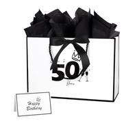12.6Inch 50th Birthday Gift Bag with gift Card and Tissue Paper for Men Women's 50th Birthday Supplies (White 50th)