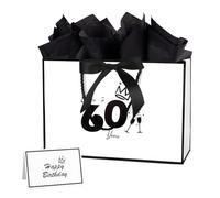 12.6Inch 60th Birthday Gift Bag with gift Card and Tissue Paper for Men Women's 60th Birthday Supplies (White 60th)