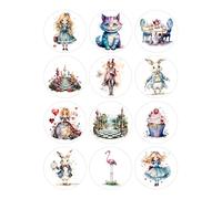 12 Alice in Wonderland Selection - Mini Card Making Toppers Self Adhesive Circles - Glossy Finish Small 64mm (2.5 inches) Diameter - Pack of 12 - Crafts Labels
