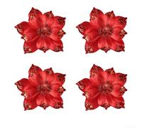 12 Artificial Christmas Flowers for DIY Holiday Decorating, Designed for Use on Trees, Garlands, Wreaths, and Centerpieces with Glitter Coating (Red)