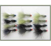 12 Barbless Hothead Flash Damsels - Olive & Black Size 10 Lures, Blue flash damsels, Barbed or barbless (Barbed)
