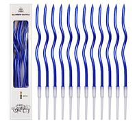 12 Birthday Candles Metallic, 16CM Long Thin Cupcake Candles Topper, Blue Cake Candle with Holders, Spiral Candle for Wedding Baby Party Cake Decorations