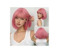 12'' Bob Wigs With Bangs Soft and Easy to Wear Straight Bob Wig, Colorful Synthetic Wig for Daily, Cosplay, Halloween Adds Volume(Light pink)