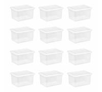 12 Bulk Pack 25L Crystal Clear Plastic Storage Container with Lid - Nastable & Stackable Transparent Storage Box for Garage, Home, Office Supplies, Seasonal Decorations, Gardening Tools - Made in U.K
