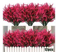 12 Bundles Artificial Flowers for Outdoor Decoration, Spring Decoration UV Resistant Faux Outdoor Plastic Greenery Shrubs Plants Artificial Fake Flowers Hanging Planter Home Garden Decor 12Pcs(Pink)