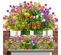 12 Bundles Outdoor Artificial Fake Flowers UV Resistant Rose Eucalyptus Leaf Plants, Faux Plastic Greenery Gypsophila for Indoor Outside Hanging Plants Garden Porch Window Box Home Wedding Decor