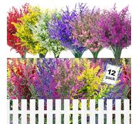 12 Bundles Outdoor Artificial Flowers UV Resistant Fake Plants, Faux Plastic Lavender for Indoor Outside Garden Home Window Box Wedding Decor (Multi)