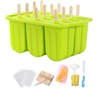 12-Cavity Popsicles Molds Set Homemade Maker Ice Pop Mold Silicone Freezer Molds with 50 Popsicle Sticks 50 Popsicle Bags 50 Ties Funnel Recipes and Cleaning Brush (Green-1)
