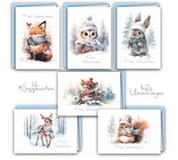 12 Christmas Cards Set Folding Cards with Envelopes A6 Card Cards Envelope Shiny Merry Christmas Xmas Watercolour Forest Animals Deer Fox Rabbit Owl Squirrel Mouse