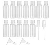 12 Clear Refillable Travel Bottles Set - 50 ml Empty Plastic Containers for Toiletries, Cosmetics, with 2 Funnels and 2 Nozzles