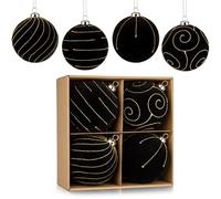 12 cm Large Velvet Christmas Baubles Set of 4, Black Hanging Tree Decorations with Gold Glitter Lines, Big Shatterproof Christmas Ornaments for Holiday Tree, Home, Party & Festive Décor